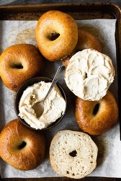 Lightly tangy with a quintessential chewy bagel crust, this Sourdough Bagel recipe is simple and delicious. Schmear on a thick layer of brown sugar cream cheese, and you have #brunchgoals! || Good Things Baking Co. #goodthingsbakingco #sourdough #bagels #brunch #breakfast #creamcheese #bagelboard Vegan Pumpkin Cream Cheese, Bread Bowl Soup, Cream Cheese Spread Recipes, Cheese Spread Recipes, Sourdough Bagels, Cream Cheese Spread, Pumpkin Cream Cheese, Nourishing Traditions, Dairy Free Cream