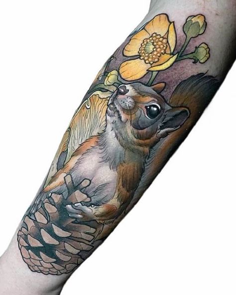 Neotraditional Squirrel Tattoo, Neo Traditional Squirrel Tattoo, Neo Traditional Forest Tattoo, Woodland Animal Tattoo, Forest Animal Tattoo, Squirrel Tattoos, White Rabbit Tattoo, Squirrel Tattoo, Wood Tattoo