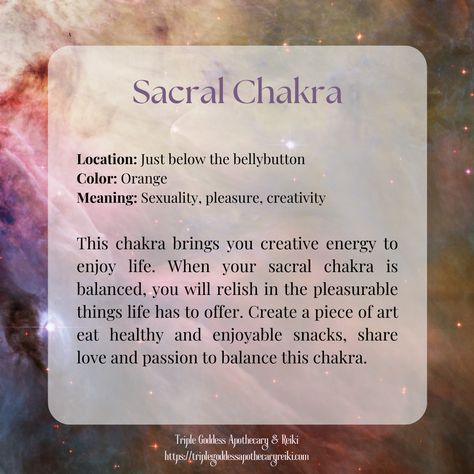 The Sacral Chakra, also known as the Svadhisthana Chakra, is the second primary chakra in Hindu tradition. Located in the lower abdomen, it is associated with creativity, passion, and emotional balance. A balanced Sacral Chakra allows for the free expression of emotions, embracing sexuality, and experiencing joy in life. Practices like yoga, meditation, and affirmations aid in balancing and opening this chakra. #chakras #chakra #sacralchakra Reiki Website, Sacral Chakra Affirmation, Chakra Locations, Solar Plexus Chakra Healing, Sacral Chakra Healing, Throat Chakra Healing, Energy Consciousness, Chakra Health, Root Chakra Healing