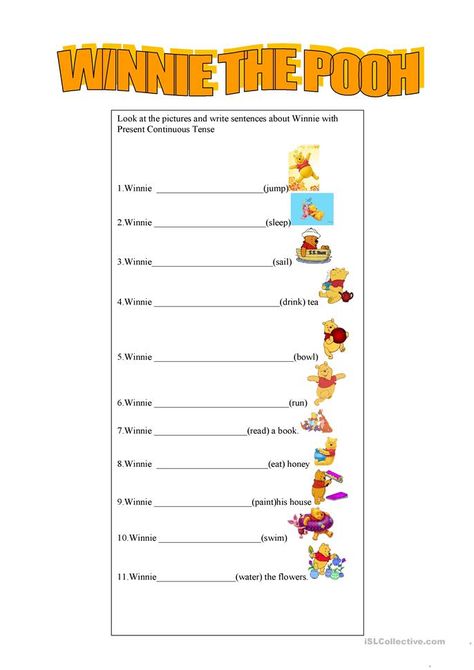 Present Continuous, Winnie The Pooh Pictures, Teaching Jobs, Esl Worksheets, Pooh Bear, Homeschool Resources, Distance Learning, Drinking Tea, Learning Activities