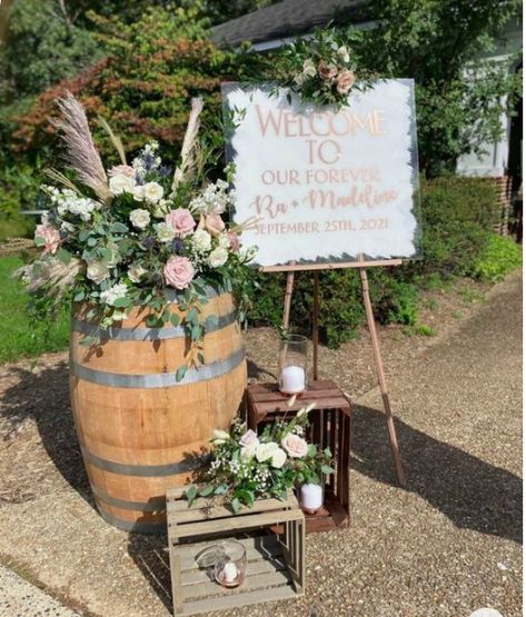 Wine Barrel Wedding Eucalyptus, Barrel Decorations Wedding, Flowers On Whiskey Barrel Wedding, Floral Arrangements On Barrels, Wedding Welcome Sign Wine Barrel, Wooden Barrels Wedding, Crate Flower Arrangements, Barrel Wedding Decor Entrance, Whiskey Barrel Wedding Decor Entrance