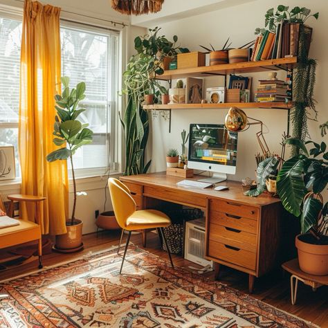 Home Office Ideas Desk In Middle, Eclectic Home Office Decor, Home Office Aesthetic Cozy, Mid Century Home Office Ideas, 70s Aesthetic Office, Yellow Home Office Ideas, Mid Century Boho Office, Midcentury Modern Office Ideas, Retro Office Aesthetic