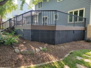 Under Deck Skirting, Deck Underpinning Ideas, Boardwalk Design, Transitional Backyard, Azek Decking, Deck Skirting, Under Deck, Outdoor Living Deck, Deck Remodel