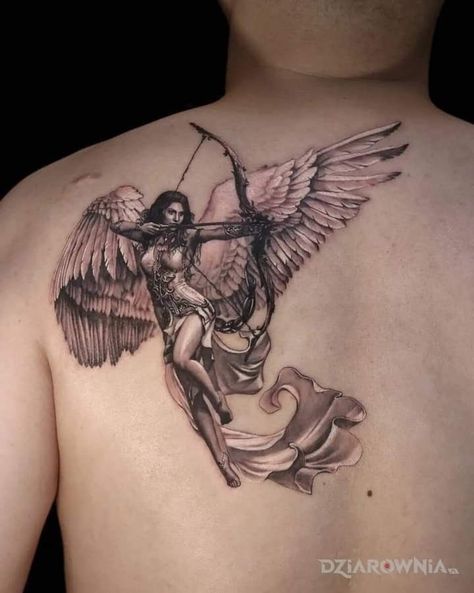 Guardian Angel Warrior Tattoo For Women, Gaurdian Angel Tattoo, Flying Angel Tattoo, Angel Tattoo Designs For Women, Artemis Tattoo, Archer Tattoo, Greek Tattoo, Mother Tattoos For Children, Guardian Angel Tattoo