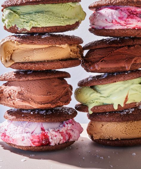 Chocolate-Sea-Salt Brownie Ice Cream Sandwiches Ice Cream Sandwiches Recipe, Brownie Ice Cream, Good Recipes, Ice Cream Sandwiches, Food Sweet, Fudge Sauce, Ice Cream Treats, Cream Sandwich, Best Ice Cream