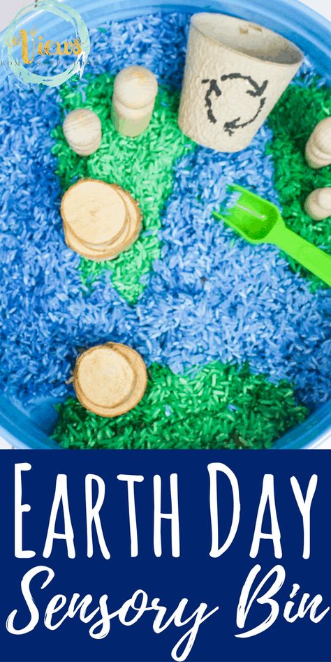 Colored Rice Earth Day Sensory Bin - Views From a Step Stool Earth Day Sensory Bin, Earth Day Sensory, Recycled Crafts Kids Preschool, Recycling Games, Kate Messner, Preschool Steam, Earth Day Activity, Earth Activities, Recycling Activities