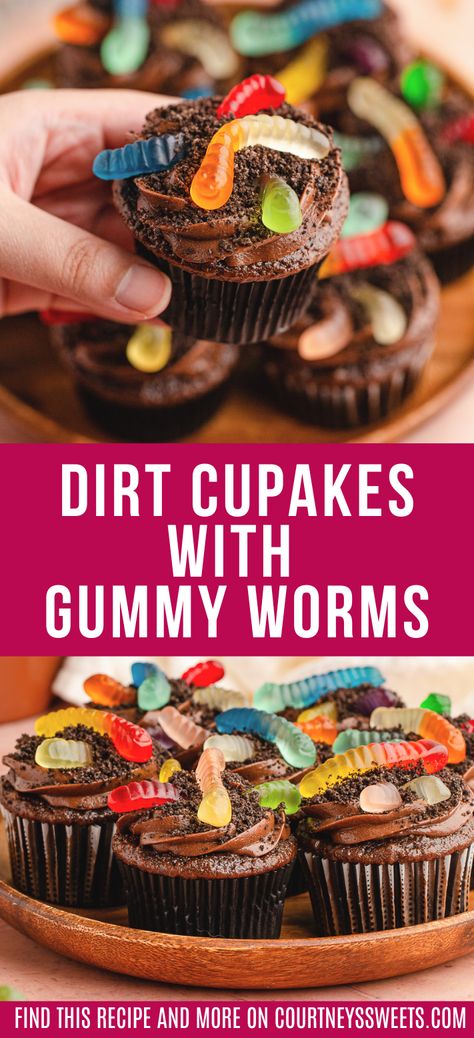 Mud Cupcakes With Worms, Dirt N Worms Cupcakes, Gummy Worm Dirt Cupcakes, Dirt And Worm Cupcakes, Worms In Dirt Cupcakes, Dirt And Worms Birthday Party, Worms And Dirt Cupcakes, Dirt Worm Cupcakes, Gummy Worm Cupcakes