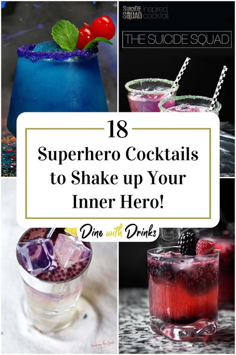 Collage of 4 superhero cocktails. Marvel Inspired Cocktails, Marvel Cocktails Recipes, Superman Drink, Superhero Wedding Theme, Marvel Or Dc, Villains Party, Birthday Party Drinks, Marvel Party, Halloween Drinks Alcohol