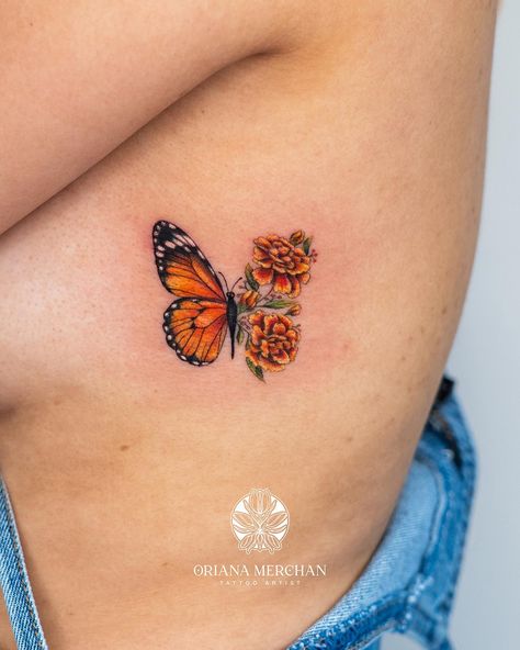 Half Butterfly Half Flower   Insta: @Orimerchan  #tattooartist #tattoolife #MiamiTatto #tattooinspo #butterflytattoos #colortattoo #flowertattoo #ribtattoo #monarchbutterfly #organgebutterfly #orange #sunflower Monarch Tattoos Butterfly, Marigold And Butterfly Tattoo, Marigold Butterfly Tattoo, Monarch Butterfly Tattoo With Flowers, Orange Butterfly Tattoo, Monarch Tattoo, Watercolor Butterfly Tattoo, Marigold Tattoo, Monarch Butterfly Tattoo