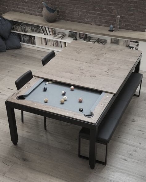 Pool Table In Living Room Ideas, Playroom Adult, Modern Game Room Ideas, Billiard Table Design, Dining Room Pool Table, Diy Pool Table, Billard Table, Billiards Room Decor, Modern Pool Table