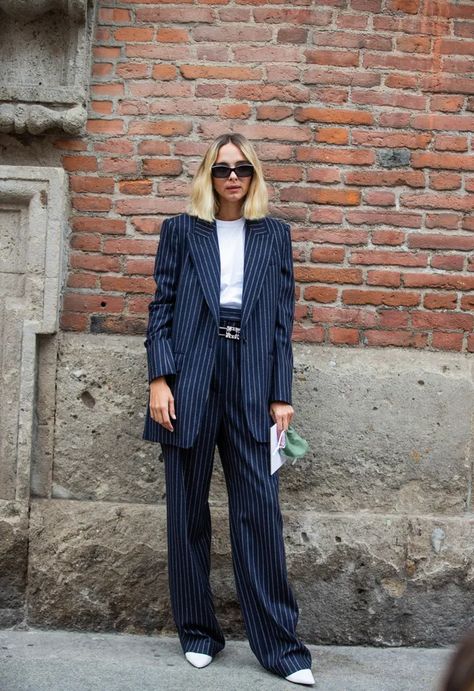 How To Wear A White T-Shirt: 8 Ways To Maximise The Wardrobe Staple | British Vogue Pinstripe Blazer Outfit, Blue Striped Suit, Blazer Outfits For Women, Satin Trousers, Safari Jacket, Pinstripe Suit, Checked Blazer, Belted Jacket, Outfits Winter