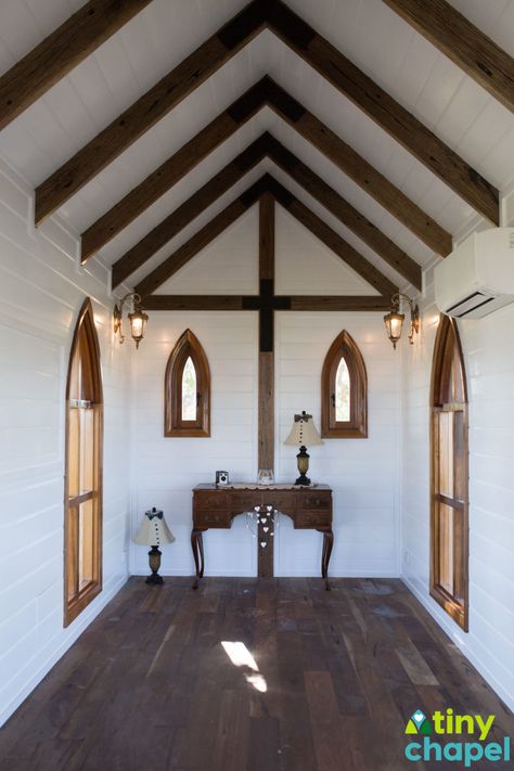 Tiny Chapel, Chapel Conversion, Chapel In The Woods, Stone Chapel, Rural Property, Sustainable House, Church Conversions, Catholic Altar, Church Interior Design