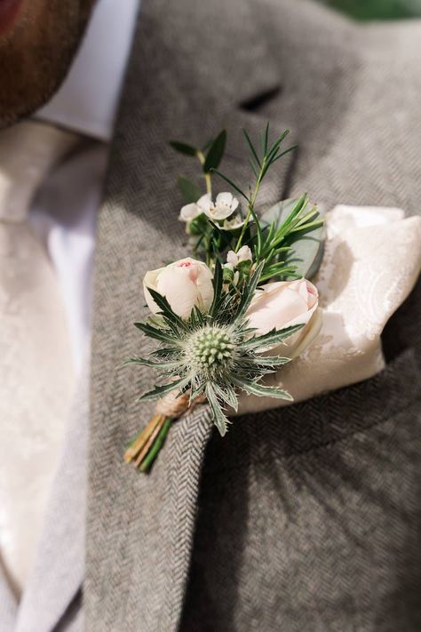 Orchard Wedding Just James Weddings Buttonhole Flower Groom Thistle Rose #wedding #buttonhole Blush Buttonhole, Thistle Buttonhole, Buttonholes Wedding, Thistle Boutonniere, Groom Buttonhole, Love In Full Bloom, Wedding Buttonholes, Burgundy Wedding Flowers, Thistle Wedding