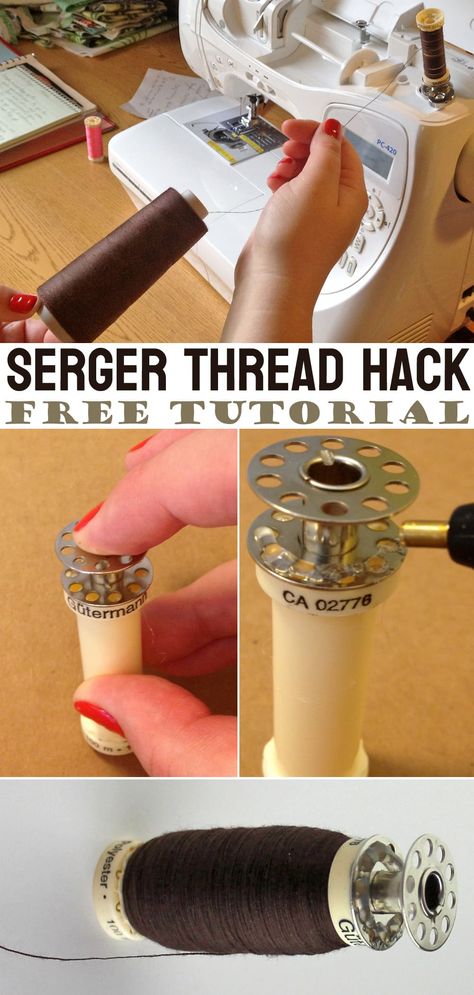 Serger Thread Hack Tutorial Serger Thread Storage Ideas, How To Thread A Serger, Serger Thread Storage, Cone Thread Storage, Thread Hack, Serger Tutorial, Sewing Knowledge, Serger Machine, Charity Sewing