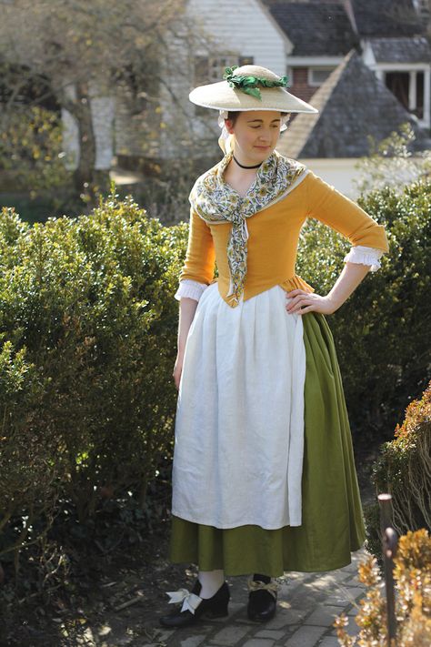 I've been harboring and nurturing an obsession with mustard linen colonial jackets for almost a year.  When our trip to Williamsburg t... Colonial Women's Clothing, Colonial Costume, 18th Century Dresses, Colonial Dress, 18th Century Women, Century Dress, 18th Century Dress, 18th Century Costume, 18th Century Clothing