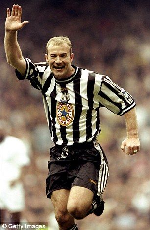 Arm up: Alan Shearer celebrates scoring for Newcastle in the 1999 FA Cup semi-final against Tottenham Alan Shearer, Newcastle United, Newcastle, Soccer, White, Black, Football