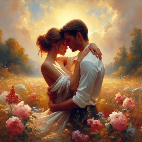 Check more PROMPT at AisRafa.com Edouard Bisson, Angel Pose, Sensual Painting, Painting Of A Couple, Bird Carving Patterns, Romanticism Art, Couple Embracing, Beautiful Digital Art, A Field Of Flowers