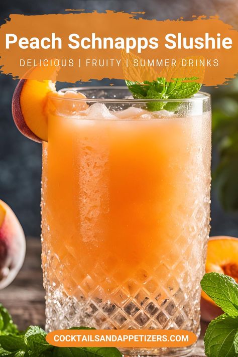 This easy to make boozy drink is a Peach Shnapps Slush, a frozen peach delight made with Peach tea. Adult only frozen peach slushie perfect for sipping pool side, spring drinks and summer cocktails. A tropical peach schnapps drink you will love on a hot afternoon. Peach Brandy Slush, Adult Slushies Frozen Drinks, Slushy Recipes, Whiskey Slush, Peach Schnapps Drinks, Brandy Slush, Fruity Summer Drinks, Spring Drinks, Party Beverages