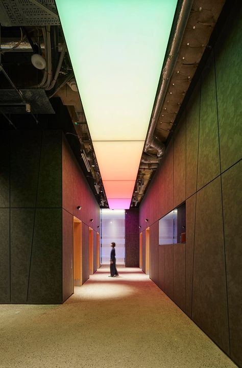 Pink Lighting, Office Ceiling, Hotel Corridor, Elevator Lobby, Hospitality Lighting, Corridor Design, Architectural Lighting Design, Corridor Lighting, Office Lighting