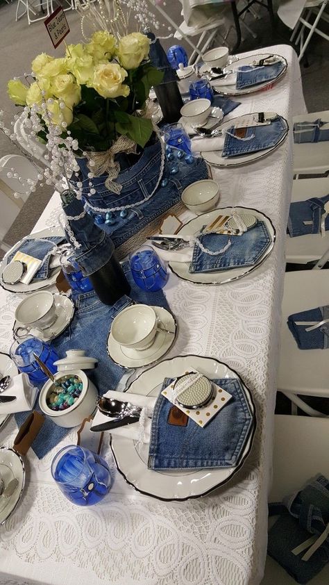 Denim Theme Party Decorations Blue Jeans, Demin And Pearls Party, Denim Wedding Theme, Demin And Diamonds Party Ideas Outfits, Denim And Diamonds Decorations, Denim And Pearls Party Decorations, Denim Themed Party Decorations, Denim Tablescape, Denim And Diamonds Party Ideas