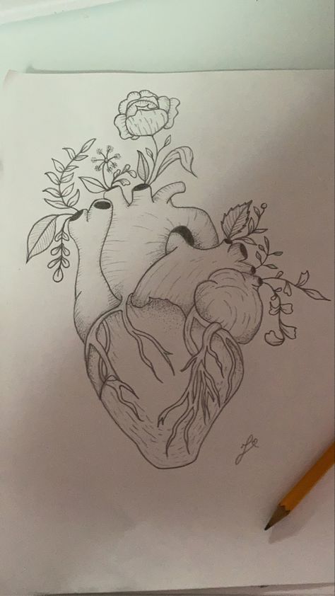 Hearts Realistic Drawing, Art Sketchbook Heart, Heart Drawings With Flowers, Flowers In Heart Drawing, Heart In Hands Drawing, Human Heart Drawing With Flowers, Love Inspired Drawings, Drawing Of A Heart With Flowers, Sketchbook Art Inspiration Love