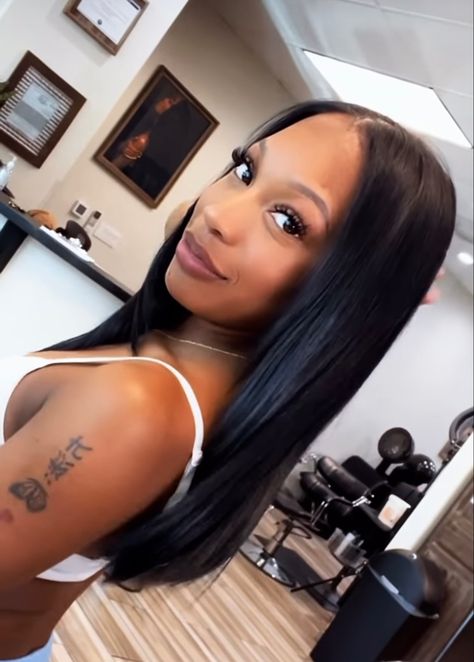 Silk Press With Edges, Straight Hairstyles Black, Black Natrual Girl Hairstyle Straight, Middle Part Straight Hair Black Women, Black Girls Hairstyles Silk Press, Bone Straight Hair Black Women, Black Girls Silk Press, Jet Black Sew In Weave Straight, Jet Black Hair Silk Press