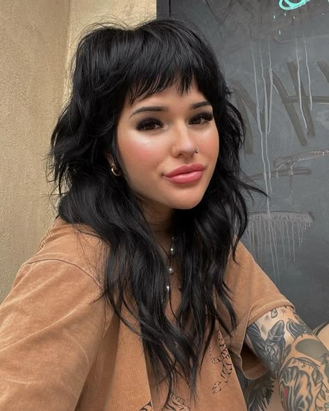 Pixie Bangs Long Hair, Hairstyles Long Hair With Bangs, Black Shaggy Hair, Long Shag Cut With Bangs, Punk Haircuts For Women, Layered Shag With Fringe, Witchy Hairstyles, Long Shag Cut, Brutal Out Here