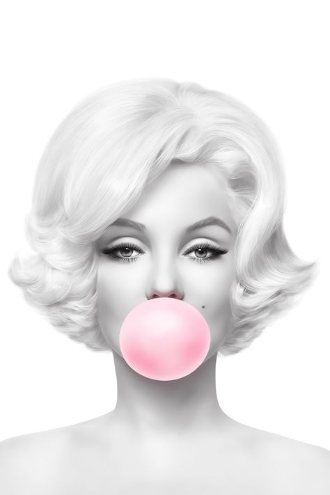 Bubble Gum, Marilyn Monroe, Gum, A Woman, Blonde, Hair, Pink, Blue, White