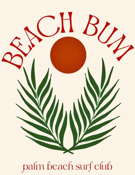 Beach Bum Palm Beach Surf Club graphic with burnt orange sun and deep green Palm leaves Beach Club Logo, Beach Bum Aesthetic, Boho Bachelorette Party, Bachelorette Party Veils, Boho Bachelorette, Bohemian Hotel, Patch Ideas, Menswear Details, Cuban Art