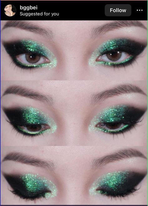 Dark Green Sparkly Makeup, Black And Green Eyeshadow Looks, Jewel Tone Makeup Looks, Green Eyeliner Makeup Looks, Green Sparkly Makeup, Green Lipstick Looks, Enchanted Makeup Looks, Green Alt Makeup, Green And Silver Makeup