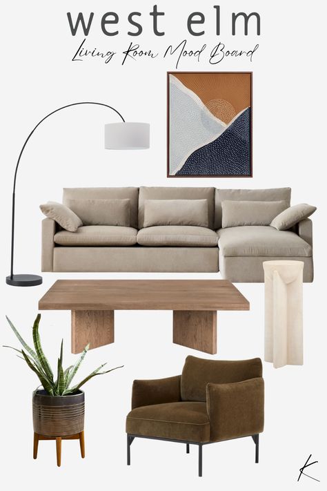 West Elm Mood Board, West Elm Harmony Sofa Living Room, West Elm Color Palette, Small Living Room Mood Board, West Elm Living Room Ideas, Living Room West Elm, Warm Neutral Living Room, West Elm Decor, West Elm Living Room