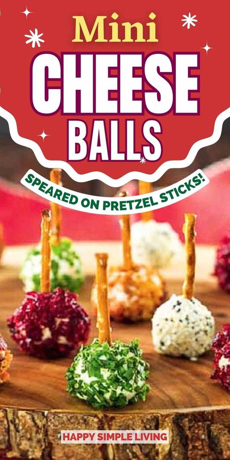 Mini Cheese Balls with Pretzel Sticks are the perfect easy party appetizer! The recipe includes a variety of toppings for these mini cheese ball bites, and your guests will love the edible pretzel stick skewers! Cheese Toothpick Appetizers, 4 Easy Cheese Balls 12 Tomatoes, Toothpick Appetizers Parties, Appetizers On A Stick Skewers, Cheese Ball Bites Pretzel Sticks, Mini Cheese Balls With Pretzel Sticks, Mini Cheeseball Bites, Cheese Bites Appetizers, Cheese Balls With Pretzel Sticks