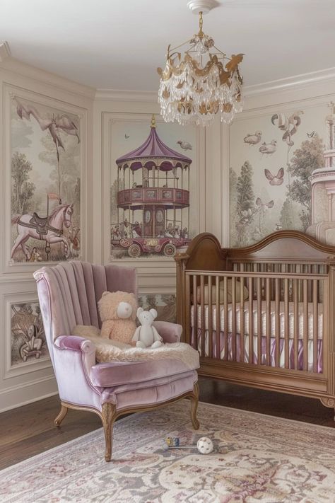 timeless girl nursery Nursery Ideas Girly, Vintage Girly Nursery, Baby Room Ideas Vintage, Nursery Ideas Whimsical, Pink Nursery Aesthetic, Artsy Nursery, Nursery Ideas Wallpaper, Baby Nursery Aesthetic, Old Money Nursery