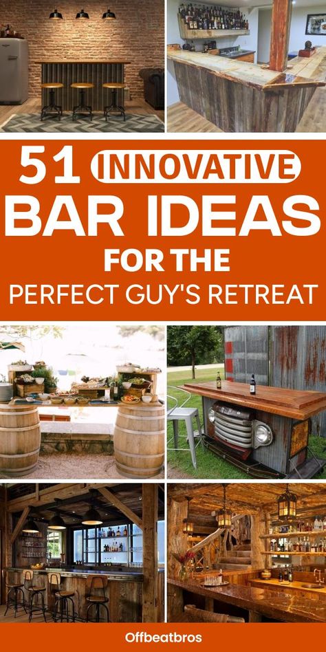 Finding the right Man Cave Bar Ideas can be overwhelming. These 51 DIY designs will help you create a stunning man shed bar that’s perfect for any occasion. Don’t forget to save this pin for all your bar makeover needs! Rustic Wood Bar Ideas, Square Bar Design, Bar Fronts Ideas, Man Cave In Shop, Diy Rustic Bar Ideas, Rustic Bar Ideas For Home Basement, Concrete Bar Design, Small Garage Bar Ideas, Rustic Bar Ideas For Home