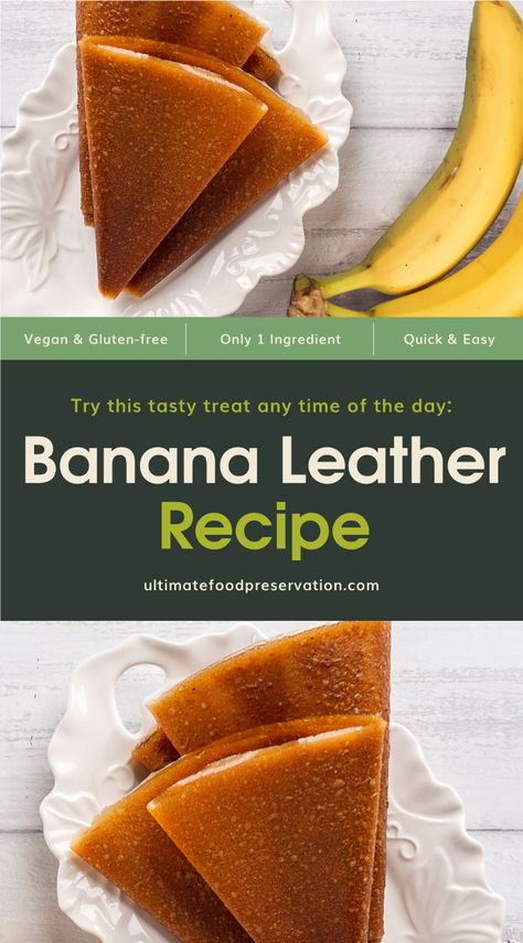 Looking for healthy snacks for kids? Try making this easy banana fruit leather that is basically a fruit roll-up copycat recipe! This fruit leather in the oven recipe is a great candy alternative that will help stop junk food cravings. | More fruit leather recipes at ultimatefoodpreservation.com #fruitleatherrecipes #fruitleatherintheoven #dryingfruits #bananarecipes Banana Roll Ups, Home Made Kids Snacks, Fruit Leather In The Oven, Banana Dehydrator Recipes, Applesauce Fruit Leather Recipe, Dehydrating Fruit Leather Recipes, Fruit Roll Up Recipe, Banana Fruit Leather Recipe, Dehydrate Bananas In Oven