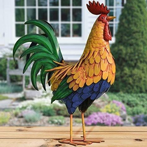 Metal Rooster Lowe's, Metal Rooster Decor, Recycled Garden Planters, Rooster Garden, Floor Sculpture, Rooster Statue, Metal Rooster, Metal Chicken, Garden Figurines