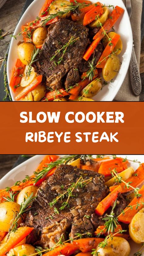 Slow Cooker Ribeye Steak Ribeye Oven Recipes, Steak Roast Crockpot, Ribeye Steak In Crockpot, Crock Pot Ribeye Steak Recipes, Ribeye Steaks In Crockpot, Ribeye Steak Crockpot, Rib Eye Crockpot Recipes, Ribeye Slow Cooker Recipe, Ribeye Steak Recipes Crockpot