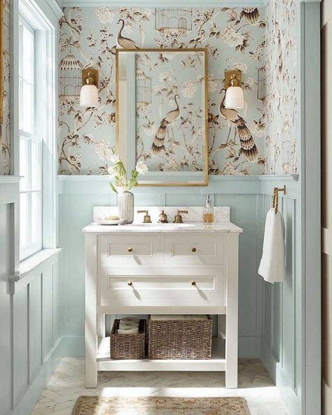 powder room ideas Pale Blue Paint Colors, Blue Wall Colors, Interior Boho, Light Blue Walls, Decor Ikea, Blue Paint Colors, Trendy Bathroom, Bathroom Wallpaper, Jacksonville Jaguars