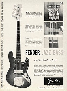 1960: The first ad for the new Jazz Bass Things To Print Black And White, Bass Guitar Poster, Types Of Bass Guitars, Music Magazine Design, Guitars Poster, Fender Jazz Bass Guitar, Fender Poster, Music Advertisement, Bass Guitar Art