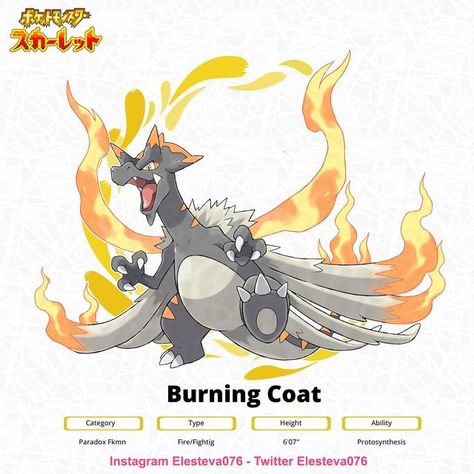 Elesteva on Instagram: "Attention trainers! new monsters have been reported in area zero! This time the sightings correspond to creatures very similar to... the starters from the Kanto region (?) Burning Coat: A prehistoric charizard out of control? The new pages of the mysterious Scarlet book, says that there is a mysterious life-form that leaves the earth in flames and barren where it passes. It’s said to resemble a Charizard but with a somewhat more primitive aspect as if it were from prehi Paradox Charizard, Fan Made Pokemon Designs, Fanmade Paradox Pokemon, Fan Made Pokemon, Paradox Fakemon, Fakemon Art, Paradox Pokemon, Kanto Region, Kartu Pokemon