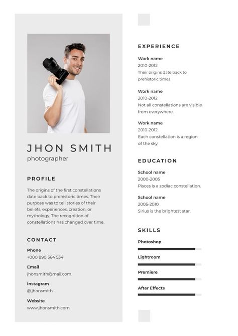 Professional Minimalist Jhon Smith Photographer Resume Photographer Resume Design, Photographer Resume, Technical Writer Resume, Artist Resume Creative Cv, Engineering Resume Templates, Professional Architect Resume, Presentation Maker, Invitation Maker, Photo Collage Maker