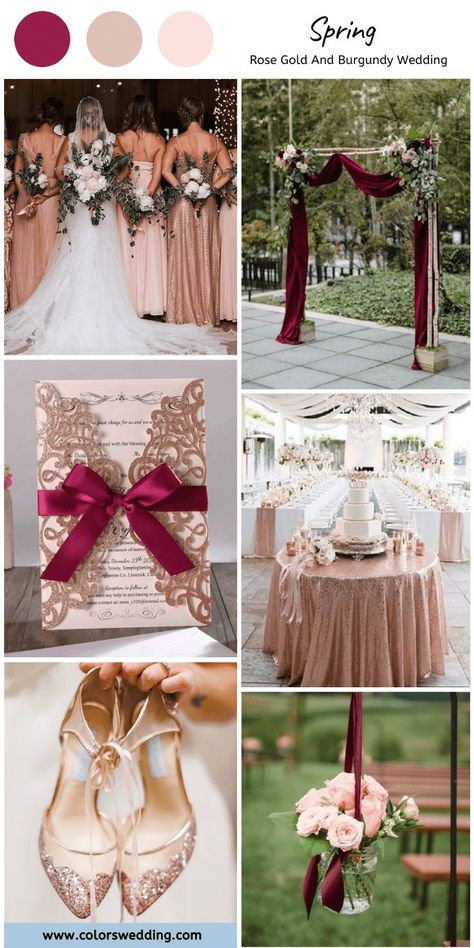 Rose Gold And Burgundy Wedding, Burgundy Wedding Ideas, Rose Gold And Burgundy, Wedding Rose Gold Theme, Rose Gold Wedding Shoes, Gold And Burgundy Wedding, Burgundy Wedding Theme, Rose Gold Bridesmaid Dress, Wedding Theme Color Schemes