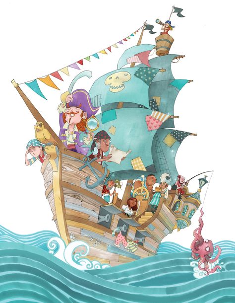 Pirate Adventure, children’s book illustration. Sea Adventure Illustration, Pirate Ship Illustration, Pirate Illustration, Arte Pop Up, Airship Art, Pirate Cartoon, Conceptual Artwork, Pirate Boats, Storyboard Illustration