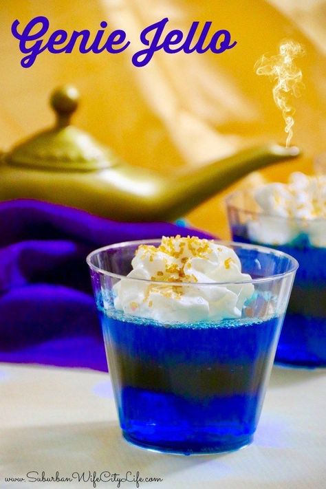 Genie Jello is fun treat to enjoy while you watch Aladdin for family movie night! #Genie #aladdin #familymovienight #jello Aladin Themed Food, Aladdin Movie And Dinner, Arabian Nights Food, Aladdin Dinner Ideas, Aladdin Movie Night Food, Aladdin Food Ideas, Aladdin Birthday Party Food, Aladdin Party Food, Aladdin Desserts