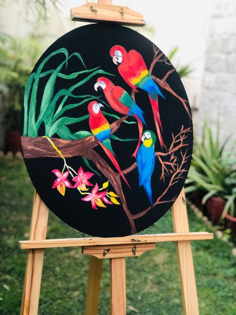 Acrylic painting on black canvas Ramadan Content, Acrylic Painting On Black Canvas, Painting On Black Canvas, Parrot Painting, On Black Canvas, Black Canvas Paintings, Circle Canvas, Round Canvas, Ideas Creative