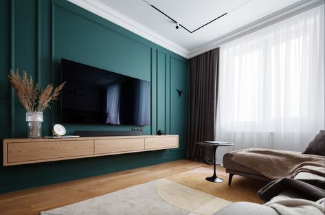 Dark Green Tv Wall, Green Media Wall, Dark Accent Wall Living Room, Teal Walls Living Room, Living Room Design Green, Living Room Minimal, Green Walls Living Room, Tv Unit Design Modern, Wood Furniture Living Room