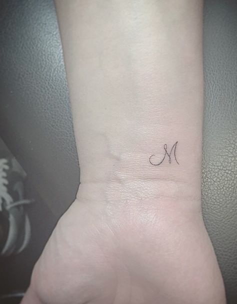 single needle tattoos                                                                                                                                                                                 More Tiny Initial Tattoo, Letter M Tattoos, Initial Tattoos, Tattoos For Women Small Meaningful, Tato Minimal, M Tattoos, Ring Finger Tattoos, Single Needle Tattoo, The Letter M