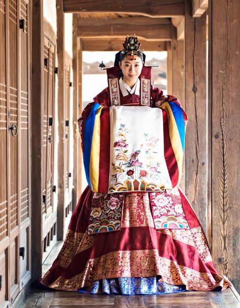 Bride hanbok at traditional Korean wedding Wedding Dress Korean Style, Hanbok Wedding, Traditional Korean Clothing, Korean Bride, Scandinavian Wedding, Korean Wedding Dress, Hanbok Traditional, Korean Traditional Clothing, Korea Dress