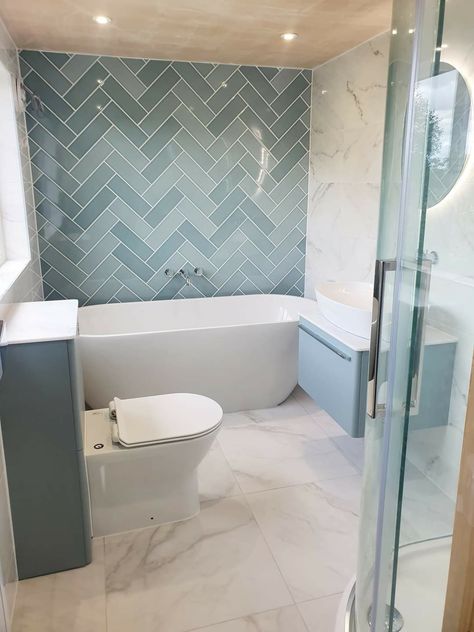 Marbled Tiled Bathrooms, Aqua And White Bathroom, Bathroom Ideas With Marble Tile, L Bathroom Ideas, Bathroom With Feature Wall Tiles, Pale Blue Bathroom Tiles, Bathroom Interior Blue Tiles, Bathroom Marble Floor Tile, Free Standing Bathroom Ideas