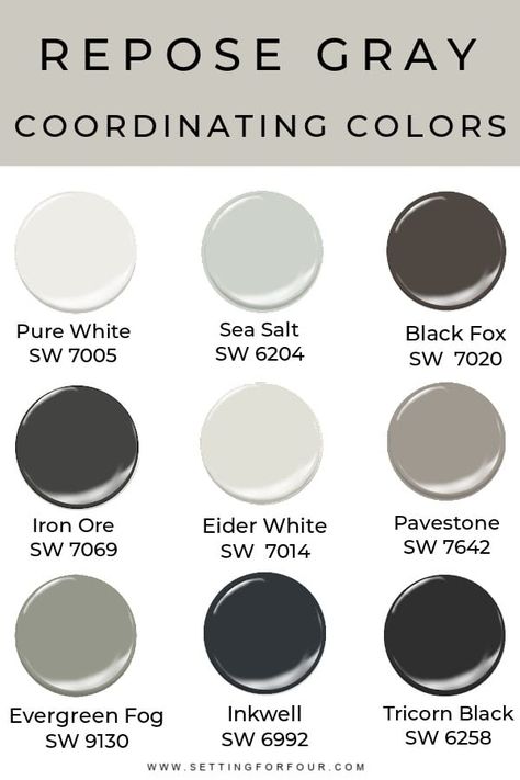 SW Repose Gray Coordinating Colors - color scheme for the whole house #reposegray #color #scheme #coordinating #paint #sherwinwilliams #house Sw Repose Gray, Repose Gray, Agreeable Gray, House Color Palettes, Room Wall Painting, Pintura Exterior, Paint Color Schemes, House Color Schemes, Grey Color Scheme